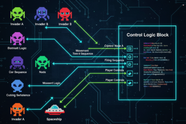 1対1対応｜シューティングゲームのキャラクターと、それらを制御するロジックが正確に結びついている様子